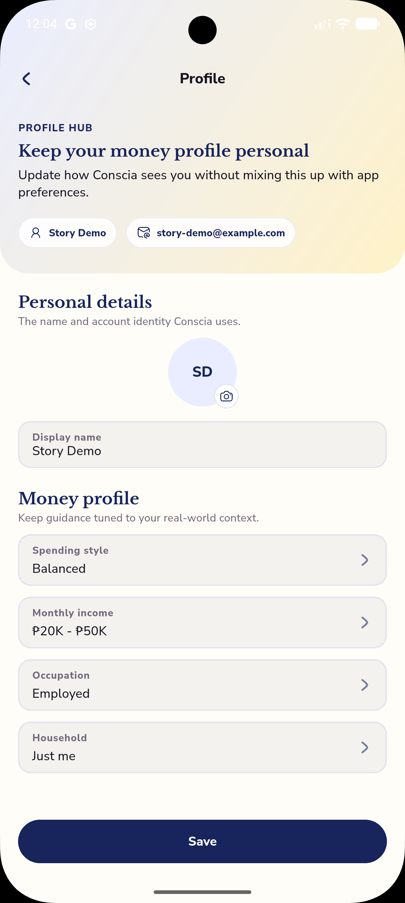 Conscia budgets screen