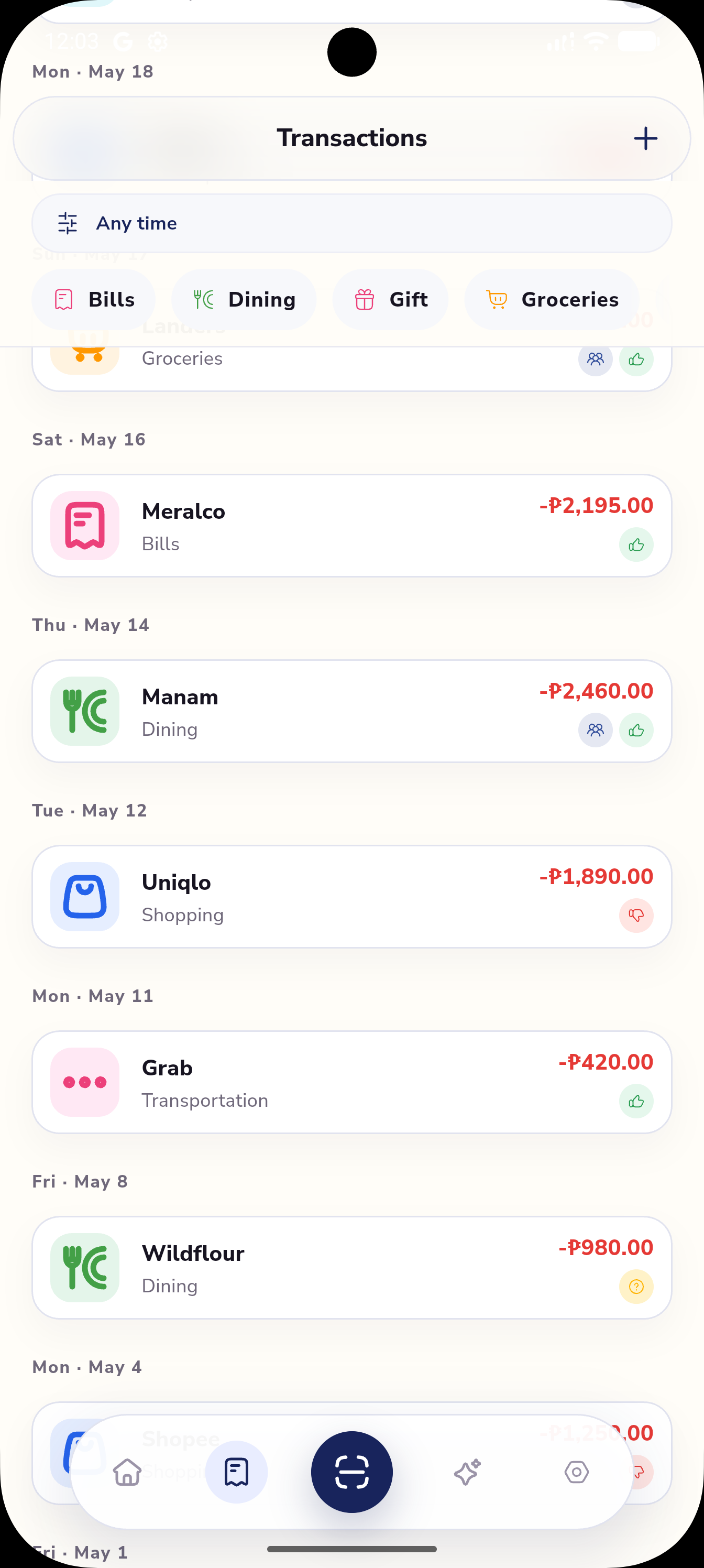 Conscia transactions screen